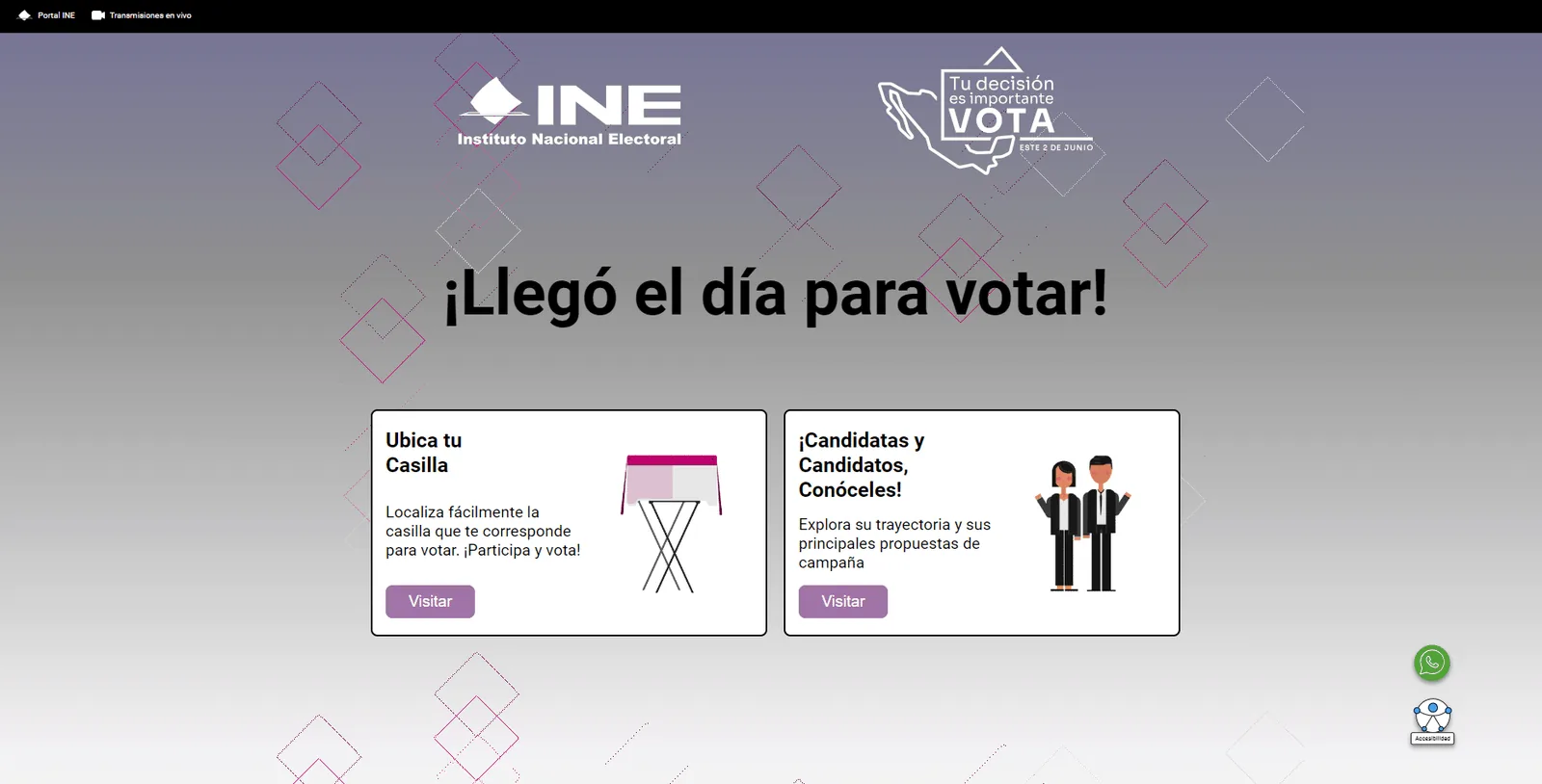 Página alterna en escritorio el día de la votación, con ubicación de casilla y candidaturas